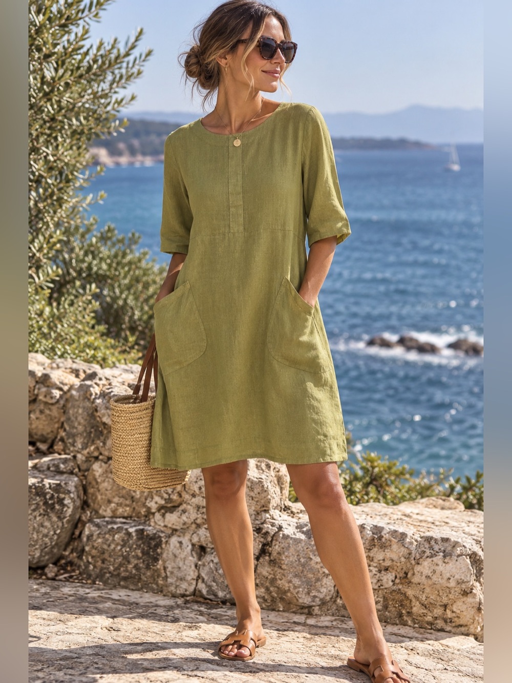 💚 100% Linen Olive Green Pocket Dress | Made in USA | Size M